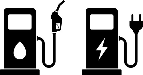 Comparing traditional gasoline fuel pump and modern electric vehicle charging station