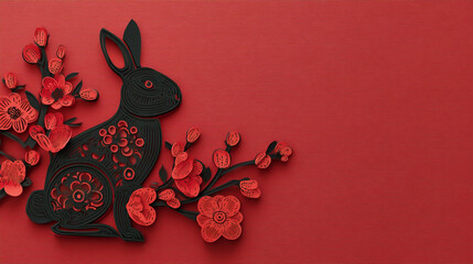 Paper-Cut Rabbit with Blossoms on Red Background