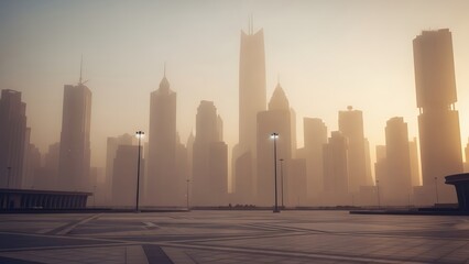 City skyline with tall buildings and streetlights on a hazy day at sunrise or sunset