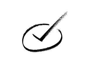 Hand-drawn black brush check mark. Bold, expressive tick symbol with artistic texture.