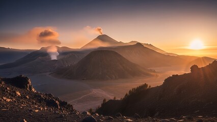 Mountain range with smoky volcano at sunrise or sunset with fog in valley