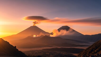 Volcanic mountains with smoke and steam at sunrise or sunset with colorful sky and clouds.