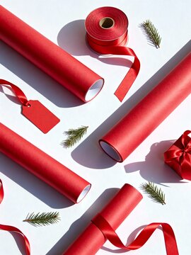 Red Christmas gift wrapping paper and supplies flat lay. Holiday presents preparation with ribbon, tag, and pine branches on white background. Festive season packaging concept