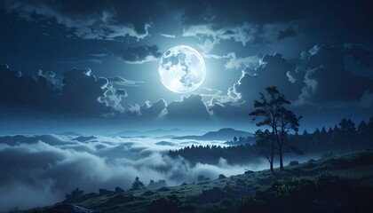 brief moonlight breaking through storm clouds, illuminating fog