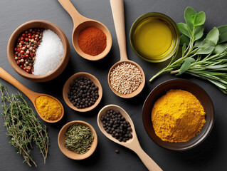 Spices and herbs arranged in wooden spoons on a dark table with oil