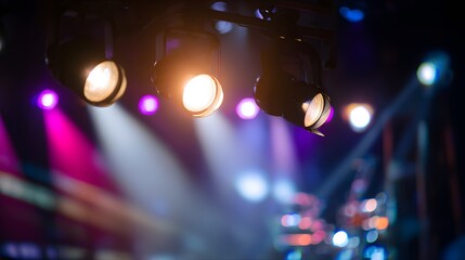 Dramatic stage lighting illuminates a vibrant concert atmosphere showcasing entertainment venue preparation