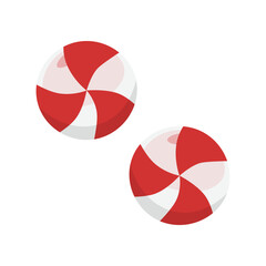 Candies, round peppermint sweets. Hard caramel confectionery, bonbons. Sugar sweetmeat, red swirl pattern.