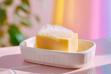 Soap with bubbles on a tray in a minimalistic setting with pastel colors