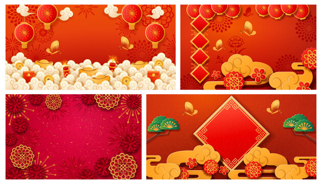 CNY backgrounds collection. Vector decorative clouds and flowers, trees and butterflies. Envelopes, golden coins and glowing lanterns. Traditional Chinese elements and oriental motifs for celebration