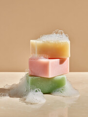 Colorful soap bars stacked with bubbly foam on a soft beige background