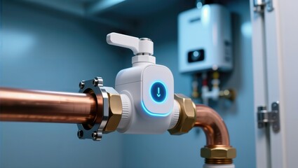 Smart automated water shutoff valve on copper pipe with glowing blue status light.