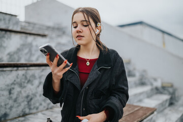 Fototapeta premium A teen girl uses her smartphone while listening with ear buds, wearing a red sweater and dark jacket. She stands on concrete outdoor stairs in a city setting, presenting a casual, focused vibe.