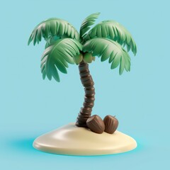 Fototapeta premium Exotic palm tree with coconuts on a sandy island, tropical paradise illustration