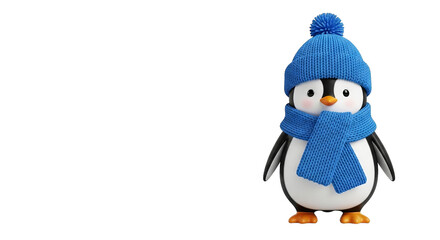 Fototapeta premium A cheerful penguin wearing a blue knit hat and scarf stands centered on a solid black background.