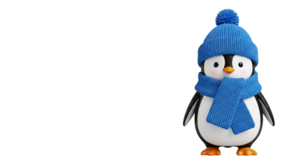 A cheerful penguin wearing a blue knit hat and scarf stands centered on a solid black background.