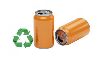 Two orange soda cans with recycling symbol green recyclable isolated on a transparent background