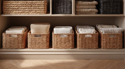 Organized bathroom storage with wicker baskets and towels on wooden shelf,National Wicker Day