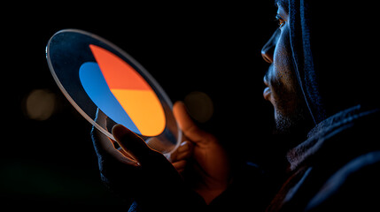 Close-up of hands interacting with a large touch screen displaying a colorful circular data infographic and financial charts in a dark room.