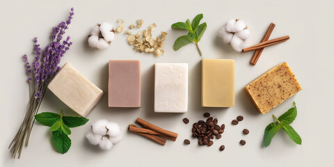 Natural handmade soaps arranged with herbs and flowers on a neutral background