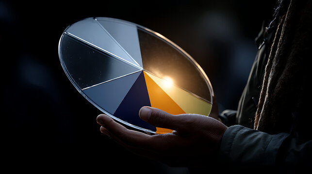 Close-up of hands interacting with a large touch screen displaying a colorful circular data infographic and financial charts in a dark room. - Powered by Adobe