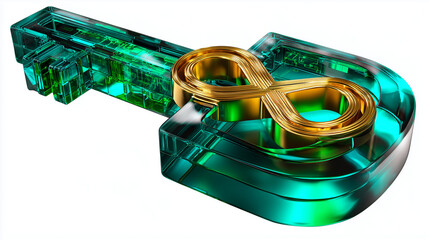 Une cl&eacute; 3D stylis&eacute;e en cristal vert &eacute;meraude transparent, avec un symbole infini dor&eacute; num&eacute;rique grav&eacute; dans la poign&eacute;e