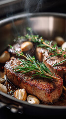 Succulent steak cooking in a skillet with fresh herbs