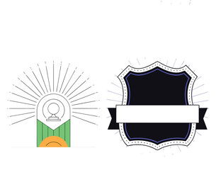 A graphic illustration showcases two distinct badge designs one with a sunburst and the other a classic shield shape both with blank