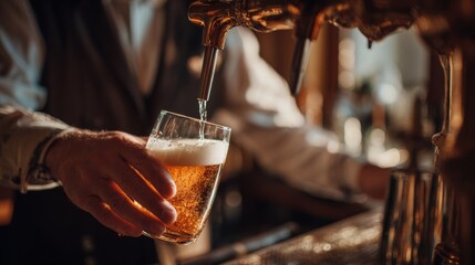 Close-up of male bartender hands pouring beer from tap into glass. Aesthetic of pub work and vintage luxurious settings. Concept of beer, brewery, pub, Oktoberfest, traditions 