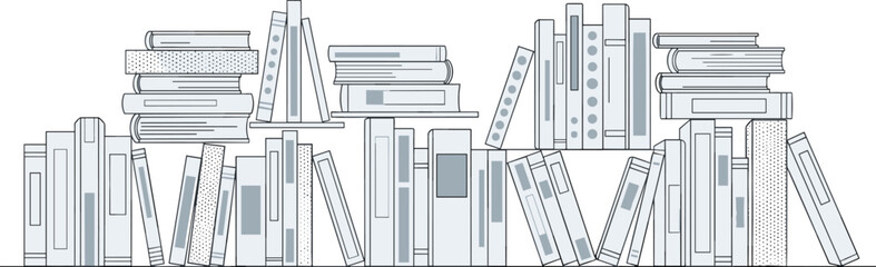 Modern bookshelf illustration with stacked and upright books, clean minimal line art design for education, library, reading, and interior decor concepts © Nur Creations