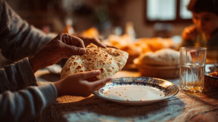 Close-up of Muslim father passing his son Lafah Bread during dinner at dining table on Ramadan.