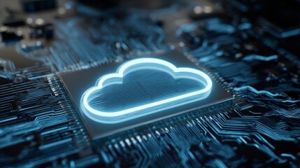 Cloud computing concept on blue circuit board, Abstract background of technology cloud computing with a glowing cloud icon on a blue circuit board. 3d Rendering
