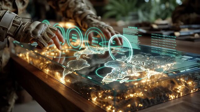 Tactical operations center soldier interacting with illuminated holographic augmented reality world map interface, selecting target locations and analyzing data