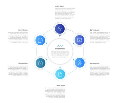 6-circle infographics arrange six circular elements symmetrically to represent processes, stages, or data segments, often in a hexagonal or orbital layout for balanced visuals. 