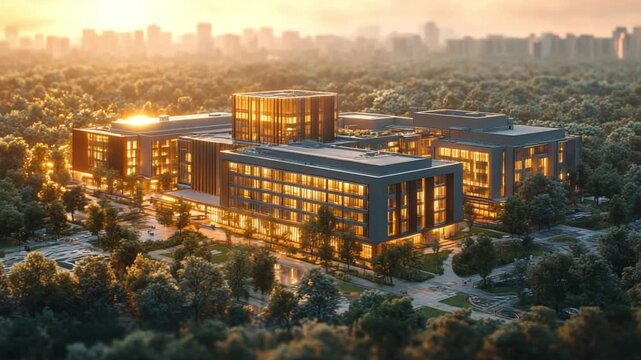 Architectural Harmony Amidst Nature: The warm embrace of a rising sun casts a golden glow upon a modern architectural marvel seamlessly integrated within a lush, green landscape.