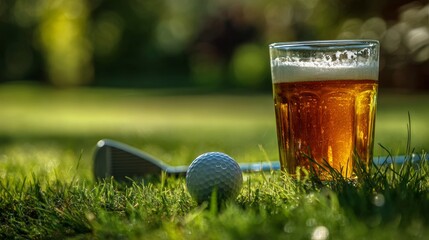 Cold pint of beer sits on vibrant green grass near soccer ball, perfectly capturing spirit of game day. Shadow highlights refreshing drink on field. Concept sport event, active and leisure time
