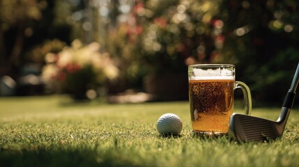 Cold pint of beer sits on vibrant green grass near soccer ball, perfectly capturing spirit of game day. Shadow highlights refreshing drink on field. Concept sport event, active and leisure time