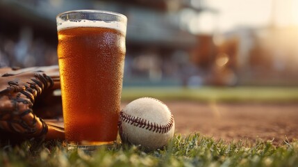 Cold pint of beer sits on vibrant green grass near soccer ball, perfectly capturing spirit of game day. Shadow highlights refreshing drink on field. Concept sport event, active and leisure time