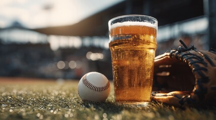 Cold pint of beer sits on vibrant green grass near soccer ball, perfectly capturing spirit of game day. Shadow highlights refreshing drink on field. Concept sport event, active and leisure time