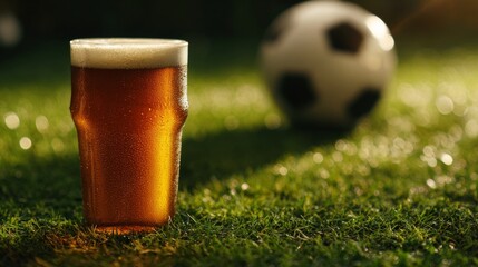 Cold pint of beer sits on vibrant green grass near soccer ball, perfectly capturing spirit of game day. Shadow highlights refreshing drink on field. Concept sport event, active and leisure time