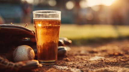 Cold pint of beer sits on vibrant green grass near soccer ball, perfectly capturing spirit of game day. Shadow highlights refreshing drink on field. Concept sport event, active and leisure time