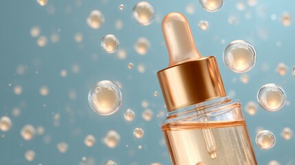 Collagen serum or cosmetic essence drops. Collagen serum bubbles. Concept skincare cosmetics solution. 