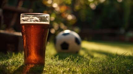 Cold pint of beer sits on vibrant green grass near soccer ball, perfectly capturing spirit of game day. Shadow highlights refreshing drink on field. Concept sport event, active and leisure time