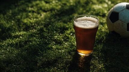 Cold pint of beer sits on vibrant green grass near soccer ball, perfectly capturing spirit of game day. Shadow highlights refreshing drink on field. Concept sport event, active and leisure time