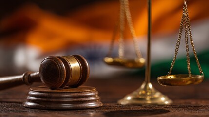 Concept of Indian justice system showing by using Judge Gavel, Balance scale on Indian flag as background. 