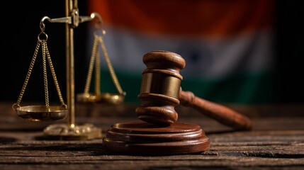 Concept of Indian justice system showing by using Judge Gavel, Balance scale on Indian flag as background. 