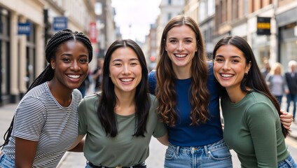 Group of four diverse happy women standing together on a city street. Multi-ethnic female friends smiling at camera outdoors. Urban friendship and unity concept