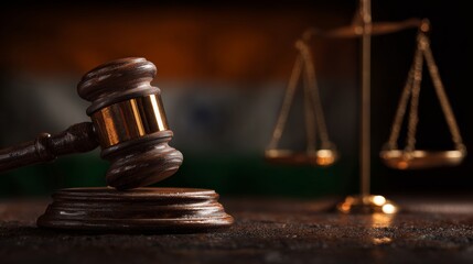 Concept of Indian justice system showing by using Judge Gavel, Balance scale on Indian flag as background. 