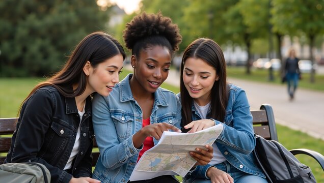 Three diverse young women sitting on a park bench looking at a map. Happy female friends planning a trip outdoors
