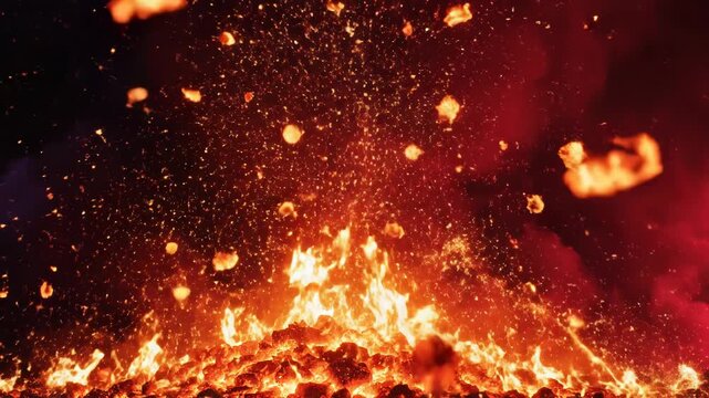 Intense volcanic eruption with fiery rocks and lava fragments in the air 4k video