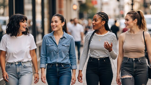 Four diverse young women walking together on an urban sidewalk. Happy female friends talking and smiling in the city. Friendship and lifestyle concept